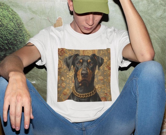 Doberman T shirt Black Dog in Gold Chain Collar on Vintage Ornate Wallpaper Elegant and Unique Graphic Tee Etsy Canada