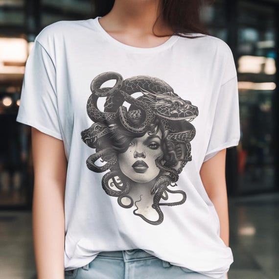 Medusa T-Shirt: Gothic Snake Hair Woman, Monochrome Art