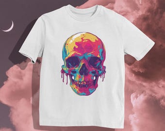 Camiseta psicodélica con calavera derretida: vibrante y psicodélica camiseta con gráfico de calavera goteando