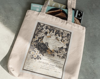 Duck Graphic Tote Bag: Vintage Animal Print Cotton Canvas