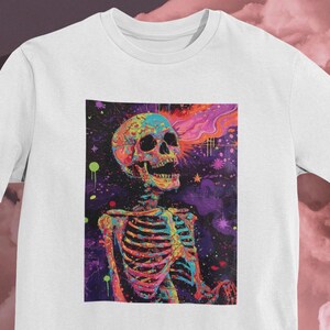 Psychedelic Skeleton In Space Graphic T Shirt Trippy Cosmic Art Tee Retro Galaxy Vibes Unisex