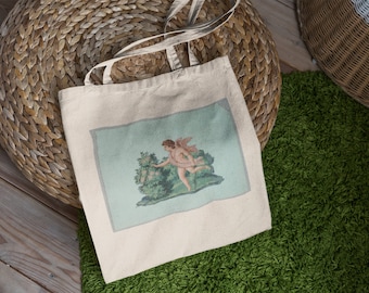 Bolsa tote vintage com estampa de anjo - lona de algodão
