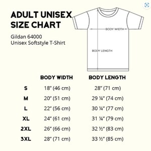 May include: Size chart for Gildan 64000 Unisex Softstyle T-Shirt. The chart shows body width and length measurements in inches and centimeters for sizes S, M, L, XL, 2XL, and 3XL.