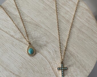 Collar con forma de cruz o lágrima, acero inoxidable PVD, oro de 18 quilates, ideal para regalos de Navidad, resistente al agua y a la corrosión.