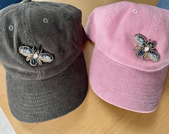 Sombrero de pana con abeja y cuentas, sombrero bohemio informal, amantes de las abejas, regalos de buena suerte, tendencias de verano, sombreros de verano