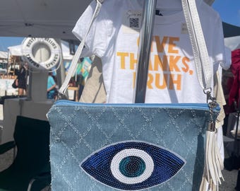 Bolso bandolera de mezclilla acolchado con parche de mal de ojo, accesorios, bolso griego, regalos para mujer, Mati