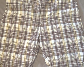 Zoey Beth plus stretch brown, yellow, and white plaid Bermuda walking shorts
