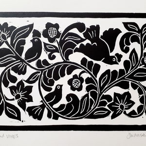 Birds and Vines Lino Print 9x12 - Hungarian Folk Art Linoleum Linocut Floral 9" x 12"