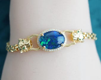 18K Gold Plated 925 Panther Australian Triplet Opal Bracelet, Genuine Opal Jewelry, Elegant Gift for Her, October Birthstone Jewelry