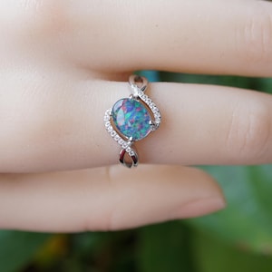 Natural Australian Opal Ring, 7x9mm Rainbow Opal in Genuine Sterling Silver, Simple Everyday Wear Opal Jewelry Gift