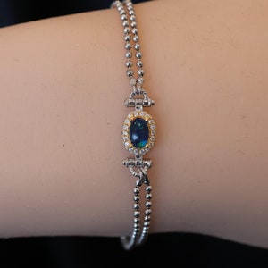 Blue Classic Natural Australian Opal Bracelet, 6x4mm Rainbow Opal Jewelry, Dainty Opal Bracelet Gift for Her, Elegant Opal Design