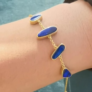 Handmade Blue Opal Doublet Bracelet, 18K Gold Vermeil Australian Boulder Opal Jewelry, Dainty Natural Opal Bracelet Gift