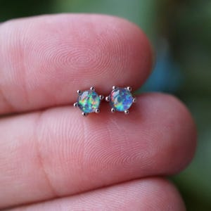 Tiny Australian Opal Stud Earrings in 925 Sterling Silver, Dainty Real Opal Jewelry, Minimalist October Birthstone Gift for Her