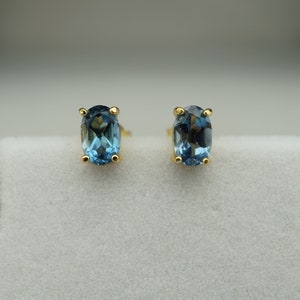 18k gp london blue topaz stud earrings, gold blue topaz 6x4mm stud earrings, handmade earrings, gemstone earrings, december birthstone image 2