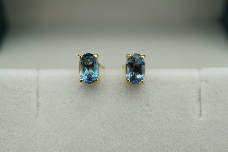 18k gp london blue topaz stud earrings, gold blue topaz 6x4mm stud earrings, handmade earrings, gemstone earrings, december birthstone image 2