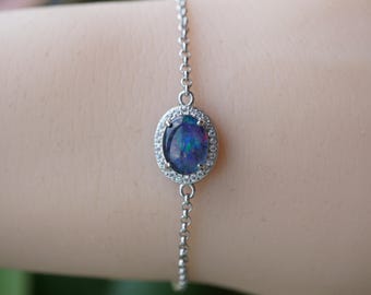 Bracciale in argento sterling con opale australiano naturale, bracciale in opale, bracciale in opale arcobaleno, 7 x 9 mm