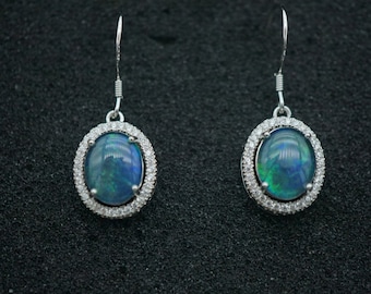 Unique blue & green triplet dangle opal earrings, australian natural triplet opal earrings, gemstone earrings, wedding jewelry