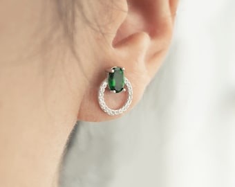 Orecchini a bottone in cromo diopside, argento sterling 925, circondati da zirconi cubici, gioielli minimalisti, regalo di compleanno per lei