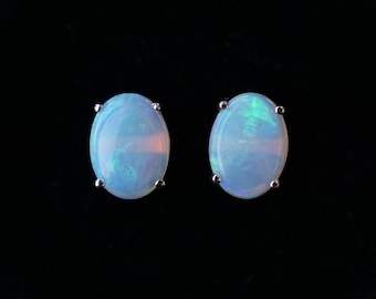 18k white gold 8*6 crystal opal earring studs, minimalist opal earring studs, natural australian opal earrings, simple opal earring studs