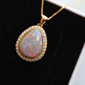 14K Gold Australian Black Opal Pendant with Diamonds, Solid Gold Opal Necklace, 13.5x18mm Genuine Opal Jewelry Gift