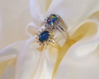 50% OFF Sterling Silver Australian Triplet Opal Halo Ring, Cubic Zirconia Accent, US Size 8, Elegant October Birthstone Jewelry