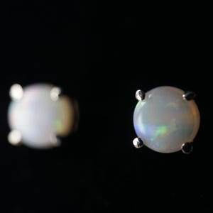 18K White Gold 5mm Round Crystal Opal Stud Earrings, Genuine Australian Opal Earrings, Dainty October Birthstone Jewelry Gift