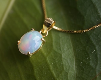 18K Gold Plated Genuine Ethiopian Opal Necklace, Dainty Opal Jewelry, Elegant Gift for Her, October Birthstone Necklace, Minimalist Pendant