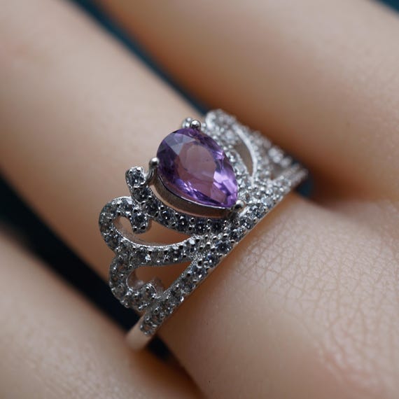 Amethyst Crown Ring, Pear Cut Purple Gemstone Ring in Silver