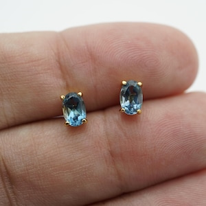 London Blue Topaz Stud Earrings Gold, 6x4 mm Oval December Birthstone Jewelry, Handmade Blue Gemstone Earrings Gift for Her