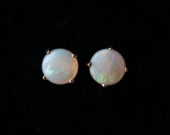 18k solid yellow gold 5mm round genuine crystal opal earring studs, opal earring studs, natural australian opal earrings, au750 opal earring