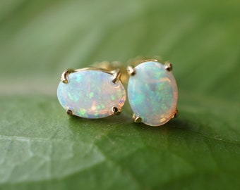 18k yellow gold 7*5 genuine crystal opal earring studs, opal earring studs, natural australian opal earrings, simple opal earring studs