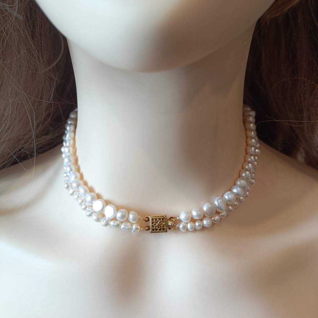 2 Layer Pearl Choker Necklace With Filigree Clasp, Elegant Bridal