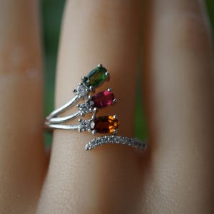 Tourmaline Triple Stone Ring, Natural Gemstone Ring in Sterling Silver, Elegant Dainty Jewelry Gift for Her, Minimalist Gem Ring