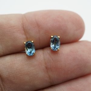 18k gp london blue topaz stud earrings, gold blue topaz 6x4mm stud earrings, handmade earrings, gemstone earrings, december birthstone image 1