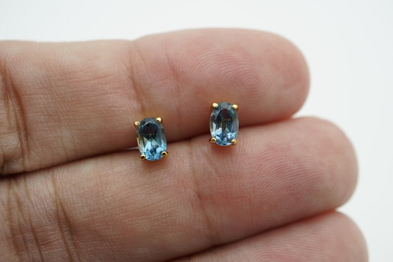 18k gp london blue topaz stud earrings, gold blue topaz 6x4mm stud earrings, handmade earrings, gemstone earrings, december birthstone image 1