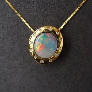 14K Solid Gold Australian Black Opal Pendant with Diamonds, Genuine Opal Jewelry, Gift for Her, Dainty Gold Opal Necklace, Birthday Gift
