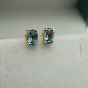 18k gp london blue topaz stud earrings, gold blue topaz 6x4mm stud earrings, handmade earrings, gemstone earrings, december birthstone image 4