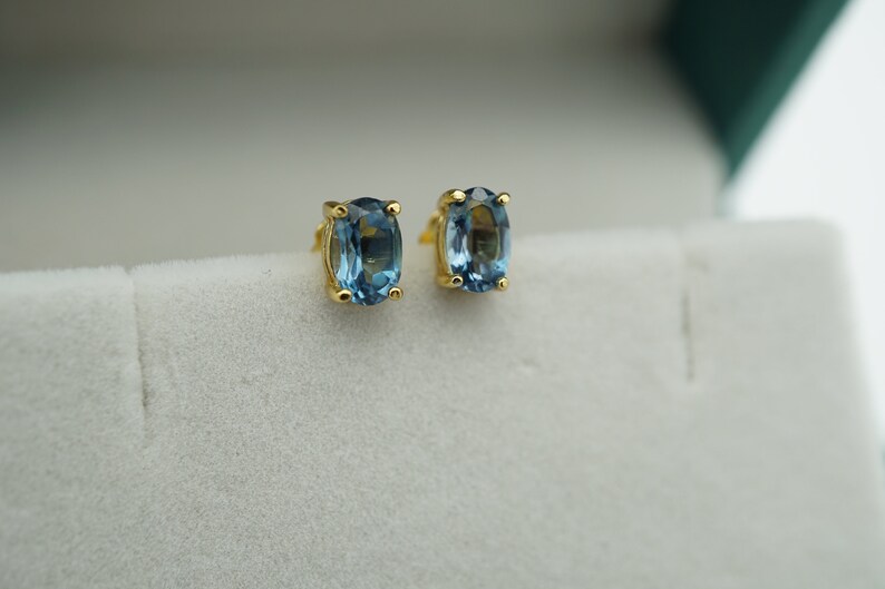 18k gp london blue topaz stud earrings, gold blue topaz 6x4mm stud earrings, handmade earrings, gemstone earrings, december birthstone image 4