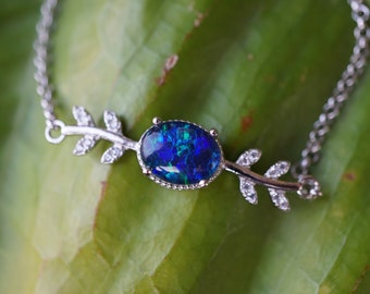 Lightning blue sterling silver natural australian opal bracelet, opal bracelet, rainbow opal bracelet, 9x7mm