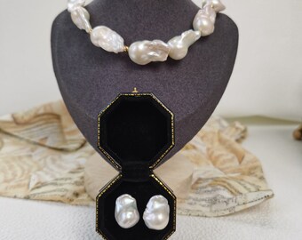 Baroque Pearl Necklace & Earring Set, Sterling Silver Freshwater Pearl Jewelry, Elegant Irregular Pearl Set, Classic Statement Gift for Her