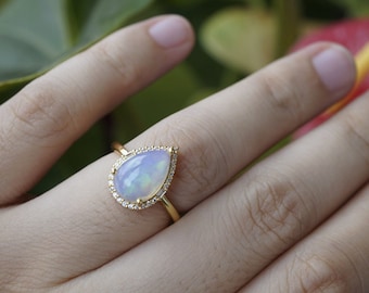 50% OFF Sterling Silver Ethiopian Opal Ring, Teardrop Engagement Opal Ring, Genuine October Birthstone Jewelry Gift for Her
