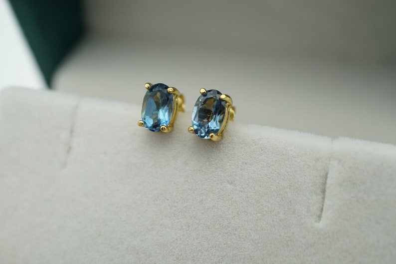 18k gp london blue topaz stud earrings, gold blue topaz 6x4mm stud earrings, handmade earrings, gemstone earrings, december birthstone image 5