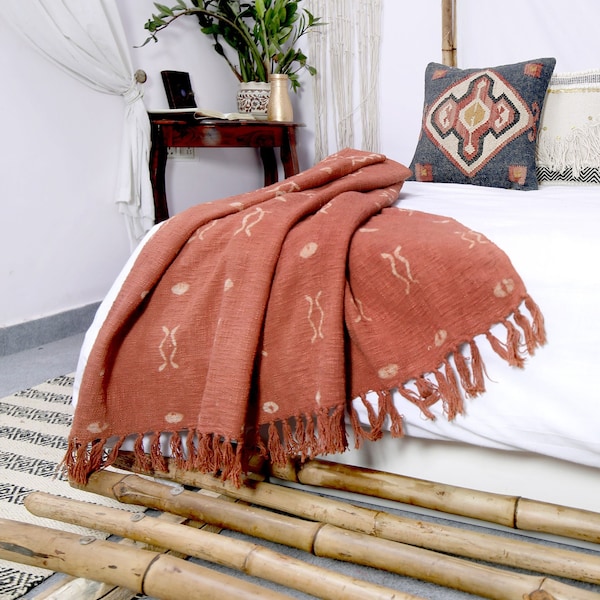 Rust Mudcloth Throw Blanket Boho Hand Loom Soft & Skin Friendly Handmade Throw Blanket Decor for Home