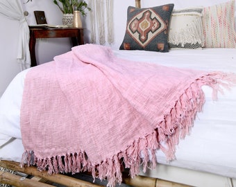 Light Pink Throw Blanket Bohemian Cloth Bed cover with Tassels Hand-Loomed Cotton Sofa Throw, Soft Cotton Throws