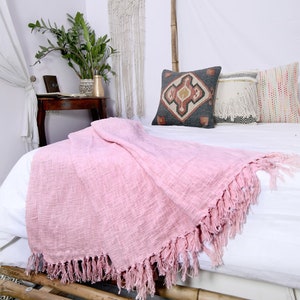 Light Pink Throw Blanket Bohemian Cloth Bed cover with Tassels Hand-Loomed Cotton Sofa Throw, Soft Cotton Throws