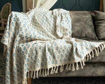Organic Hand Loomed Mud Cloth Throw Blanket, Block Print Soft Bedspread with Tassels Bedspread - Housewarming Gift