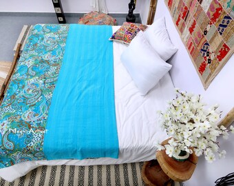 Turquoise Kantha Quilt Paisley Design, Courtepointes de couvre-lit vintage faites à la main, Literie Twin / Queen, Cadeaux pour elle