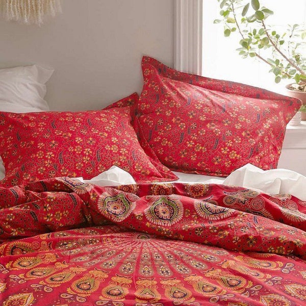 Red Mandala Soft Cotton Duvet Cover, Handmade Groovy Duvet Covers Set with Zipper, Indian Boho Bedding Twin Queen and King