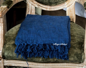 Solid Blue Indigo Throw Blanket with Tassels, Cotton Large Reversible Blanket for Chair/Sofa/Bed for Home Decor