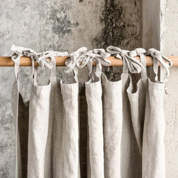 Adjustable Tie-Top Linen Curtain, long curtains drape, stonewashed custom sizes curtains soft linen fabric / 20 Color Choices